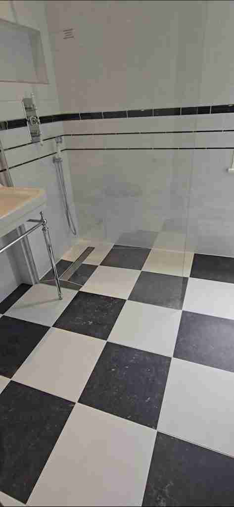 Family bathroom with walk-in shower, black and white theme.